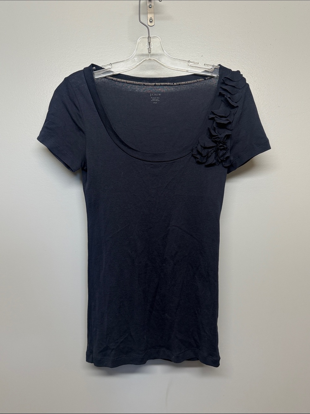 J. Crew Dark Navy Crewneck Tee with Ruffle Sleeve